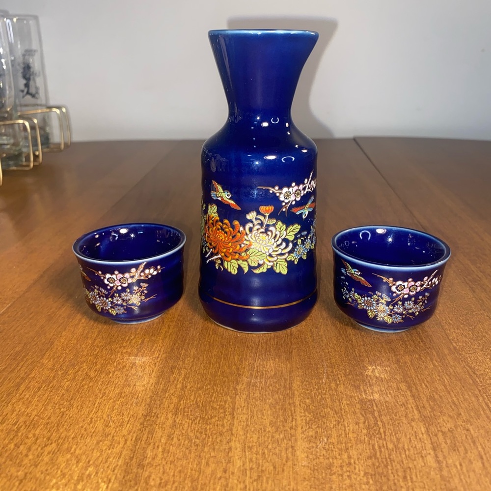 Vintage Japanese Ceramic Cobalt Blue 3 Pc Sake Set